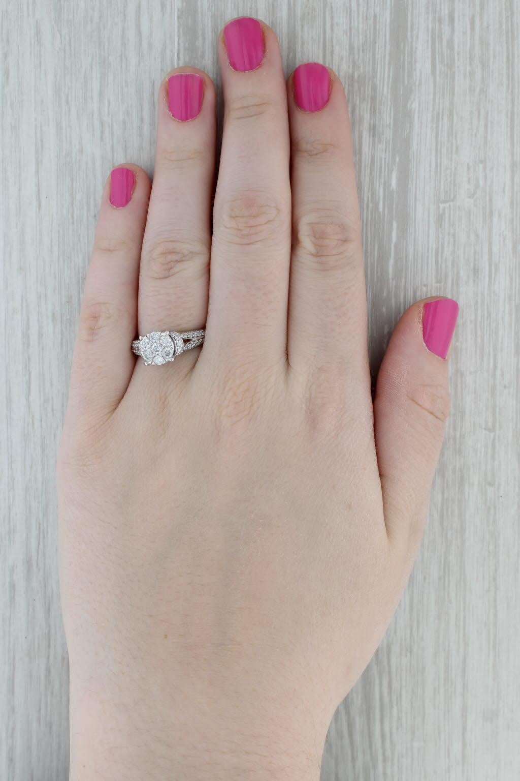 Round Cut 0.83ctw Diamond Cluster Engagement Ring 14k White Gold Size 7.75 For Sale
