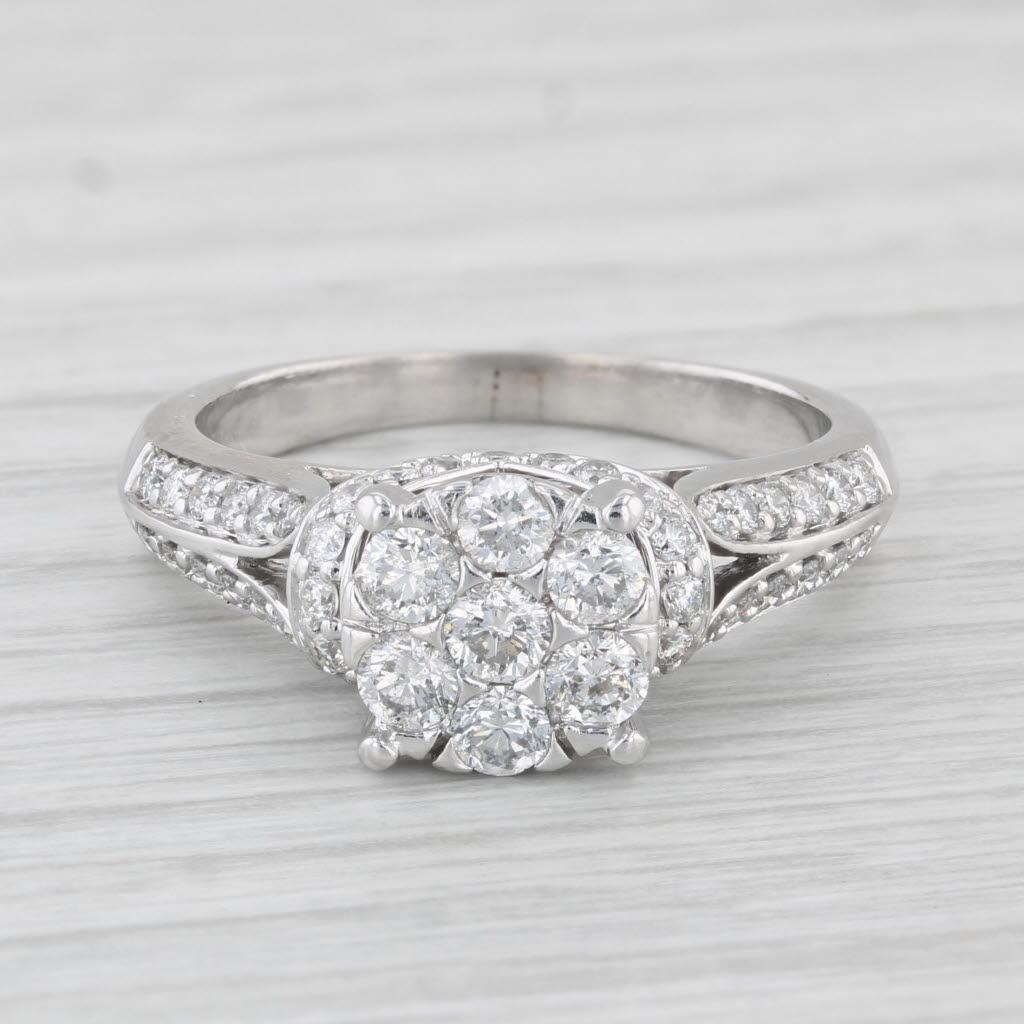 0.83ctw Diamond Cluster Engagement Ring 14k White Gold Size 7.75 For Sale 1