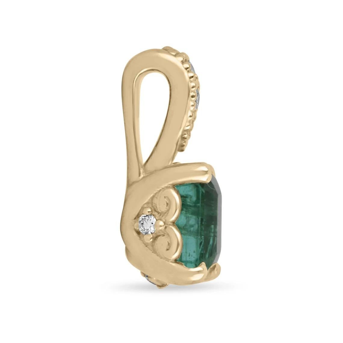 A dainty 0.83tcw natural emerald and diamond accent necklace. Crafted in solid 14K yellow gold, this piece is sure to make a statement. The center gemstone is an earth-mined natural emerald that is handset in a secure four-prong setting. This gem