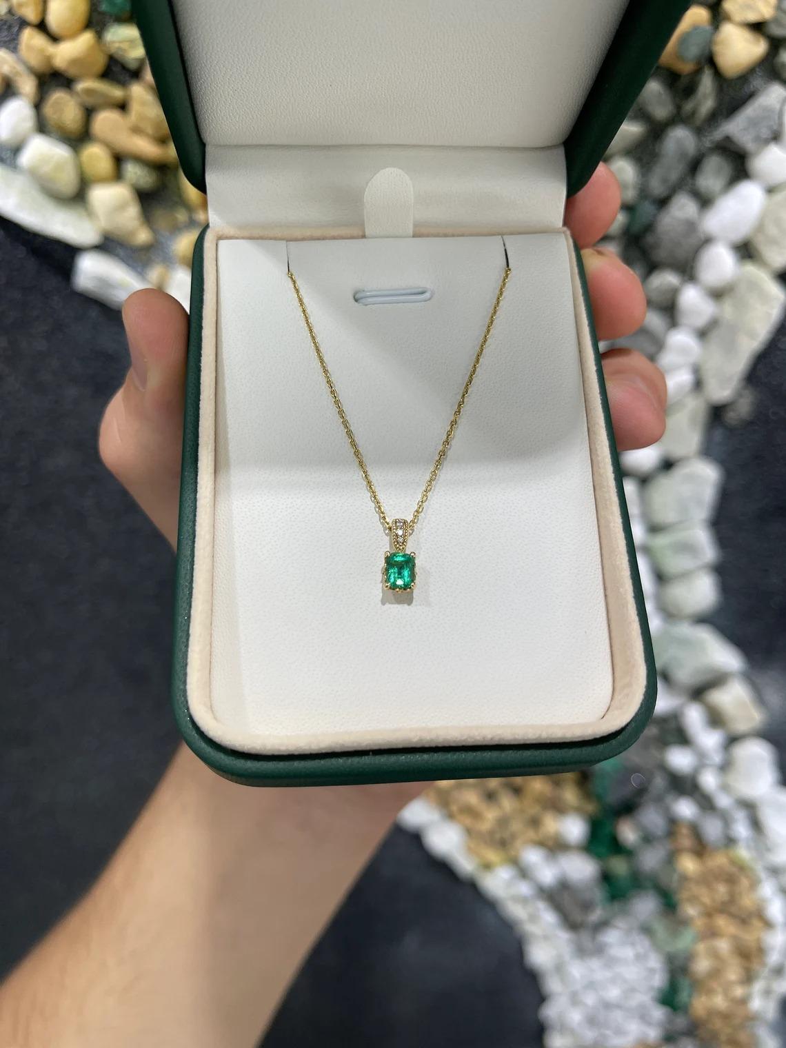 Modern 0.83tcw 14K Petite Natural Emerald-Emerald Cut & Diamond Bale Accent Pendant For Sale
