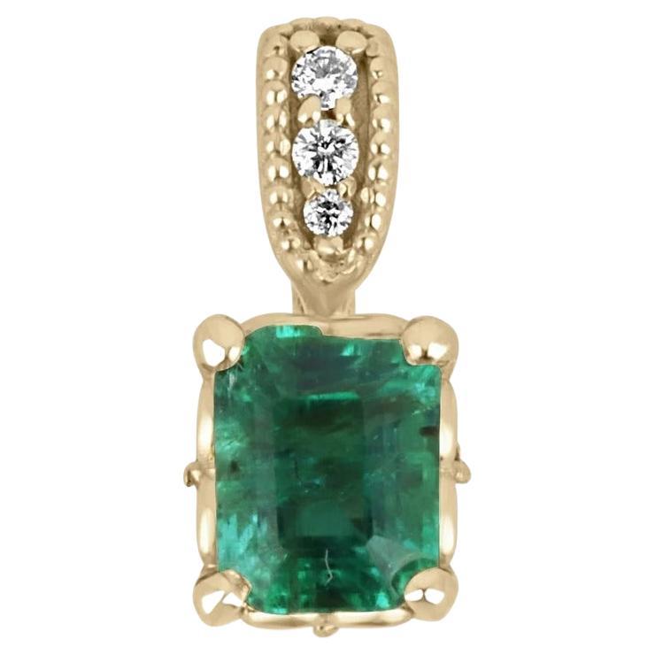 0.83tcw 14K Petite Natural Emerald-Emerald Cut & Diamond Bale Accent Pendant For Sale