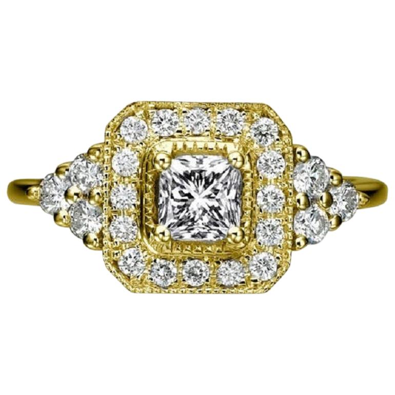 0.84 Carat 14 Karat Gold Radiant Halo Diamond Ring, Edwardian Style Halo Ring