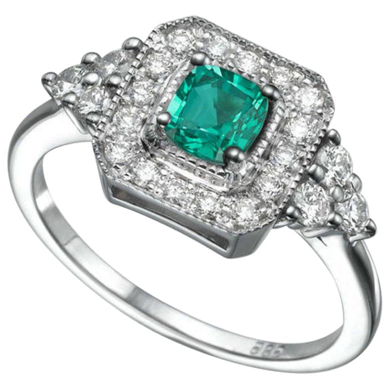 0.84 Carat 14 Karat White Gold Cushion Emerald Vintage Engagement Ring