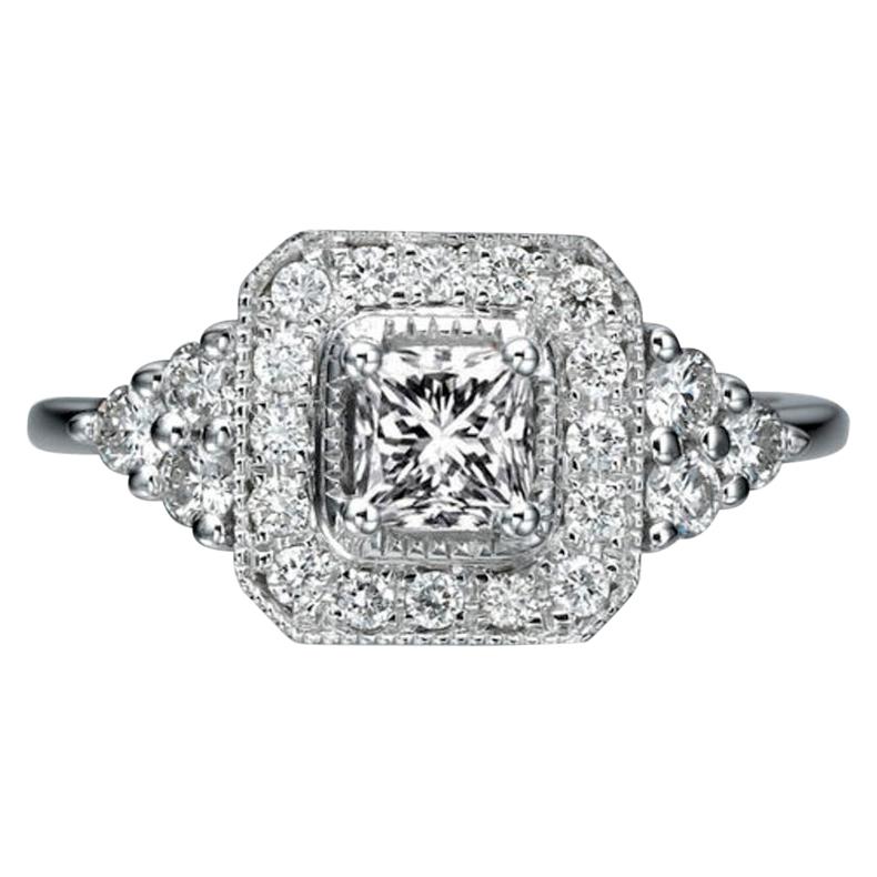 0.84 Carat 950 Platinum Ring Cushion Diamond Ring, Diamond Halo Ring
