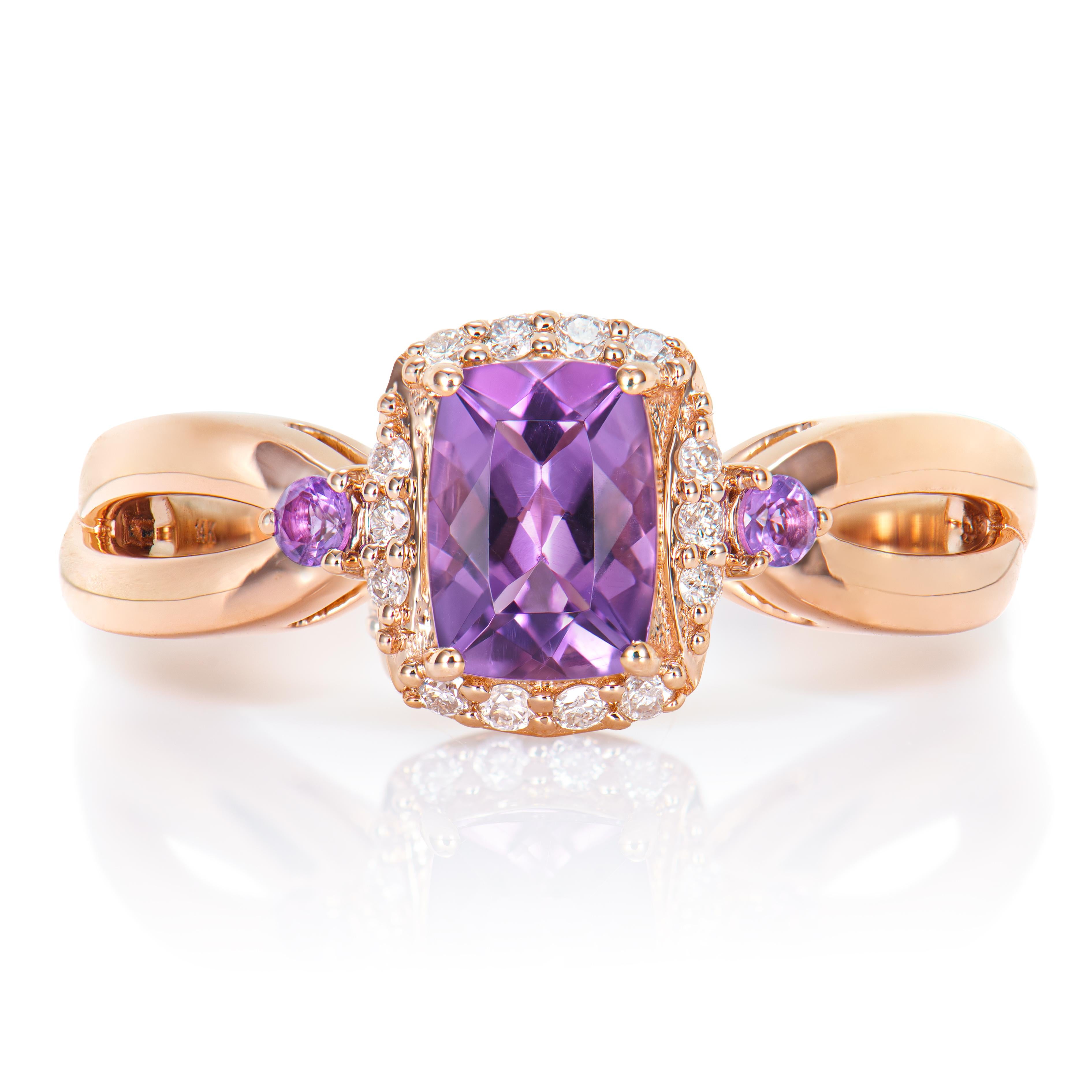 Contemporary 0.84 Carat Amethyst Fancy Ring in 14Karat Rose Gold with White Diamond.   For Sale