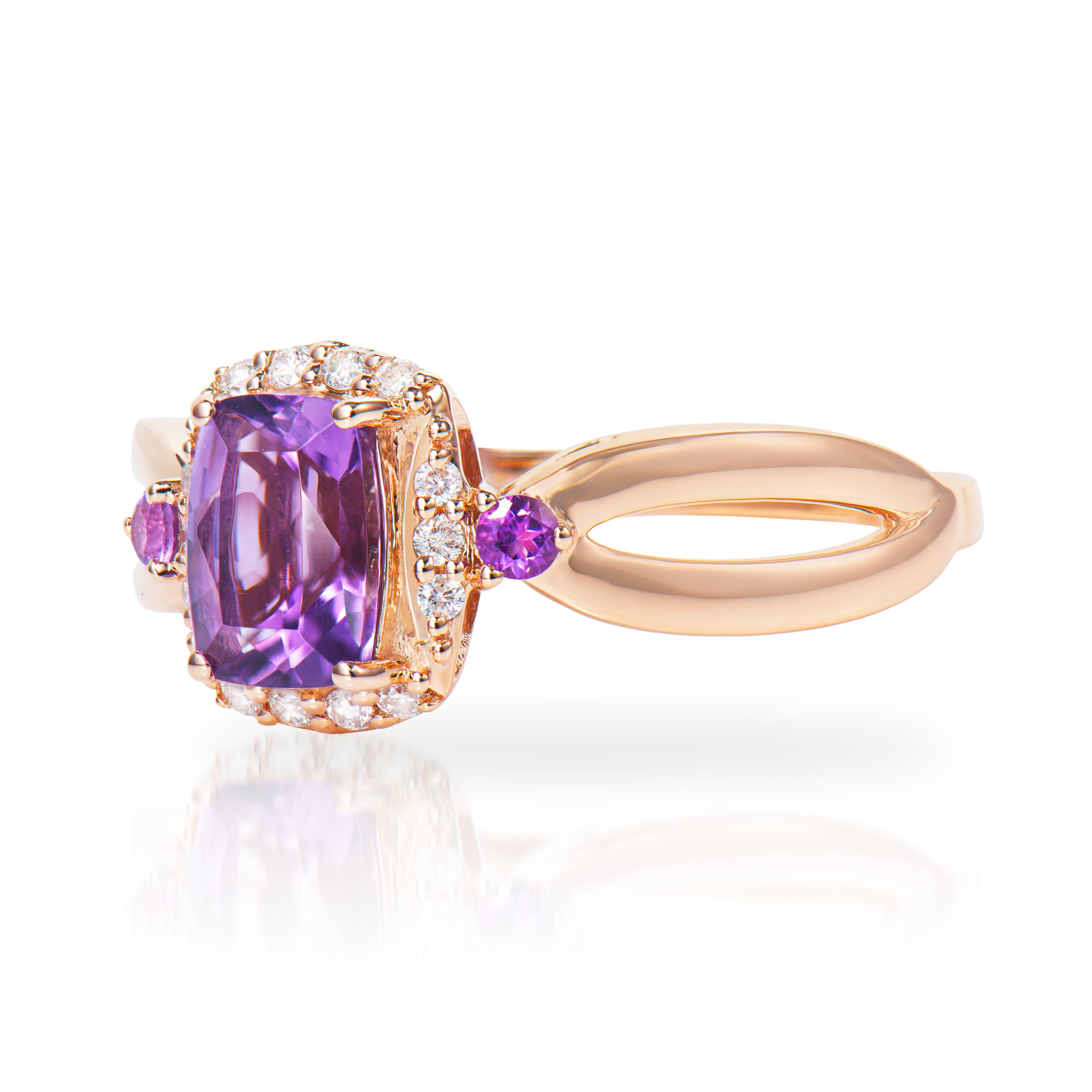 Cushion Cut 0.84 Carat Amethyst Fancy Ring in 14Karat Rose Gold with White Diamond.   For Sale