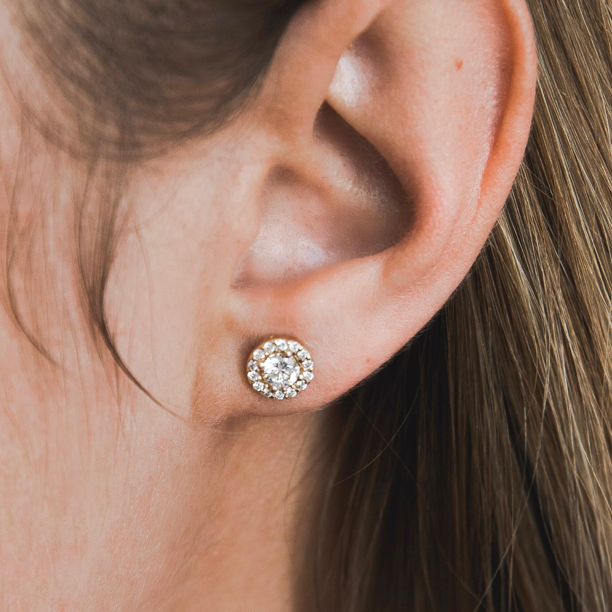Round Cut 0.84 Carat Diamond Large Halo Earrings in 14 Karat Yellow Gold, Shlomit Rogel For Sale