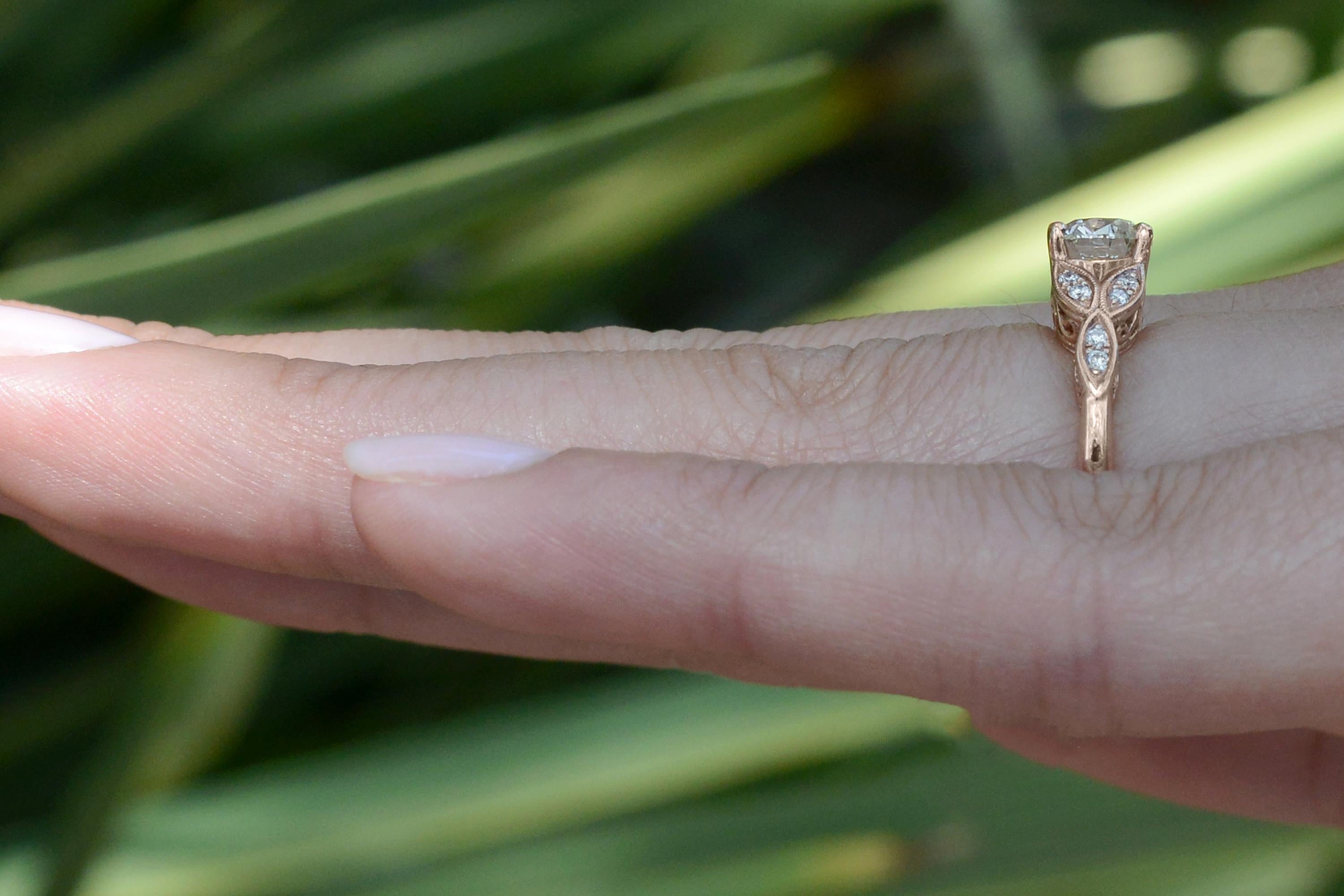 Edwardian Style Old European Cut Diamond Rose Gold Engagement Ring In Excellent Condition For Sale In Santa Barbara, CA