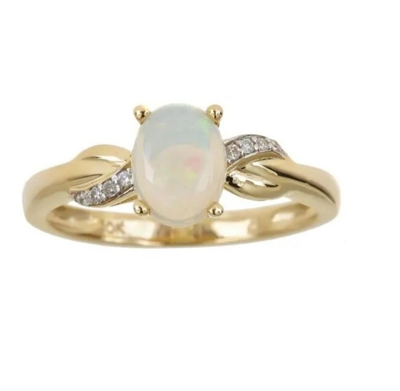 Oval Cut 0.84 Carat Oval-Cab Ethiopian Opal Diamond Accents 10K Yellow Gold Ring For Sale