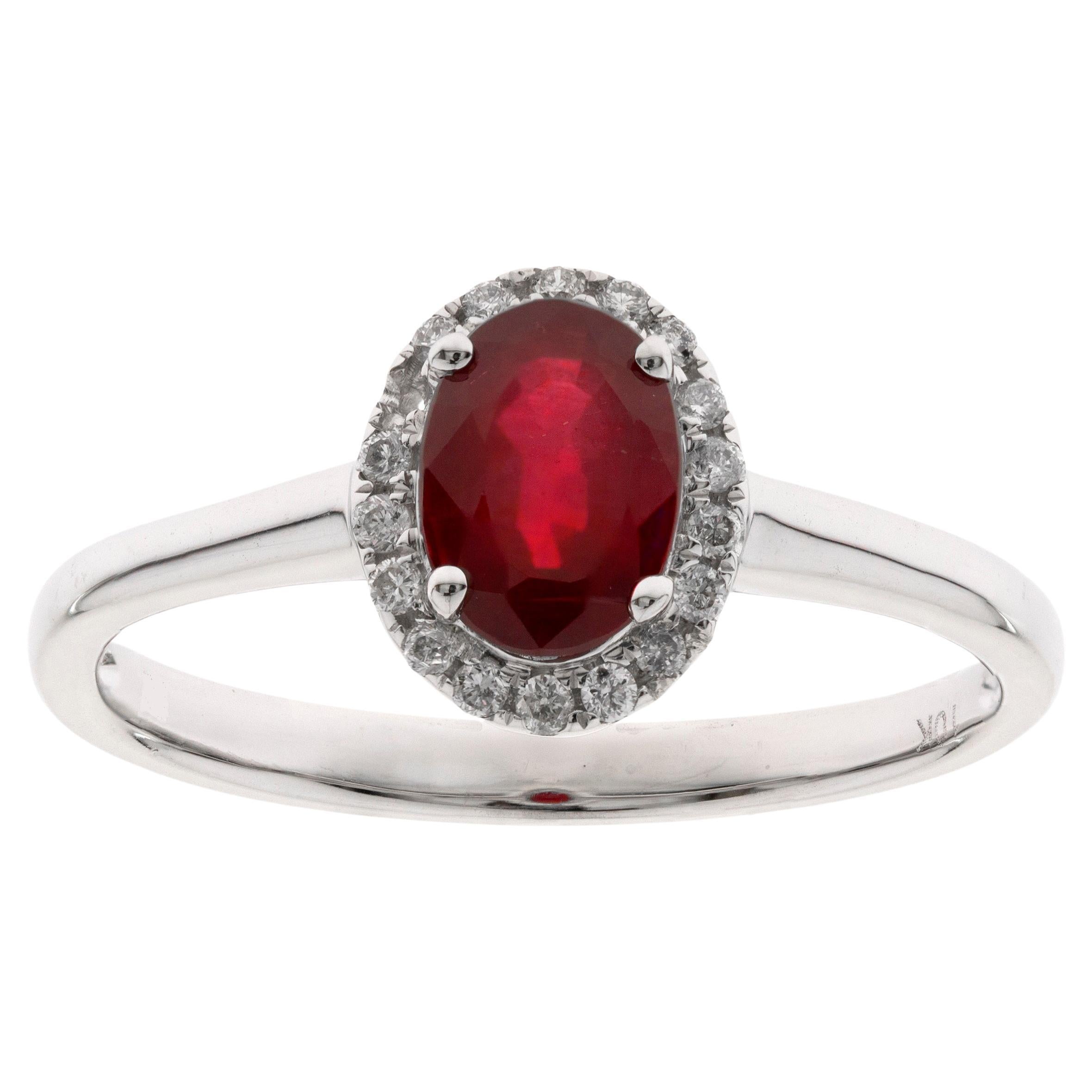 0.84 Carat Oval-Cut Ruby with Diamond Accents 10K White Gold Ring For Sale