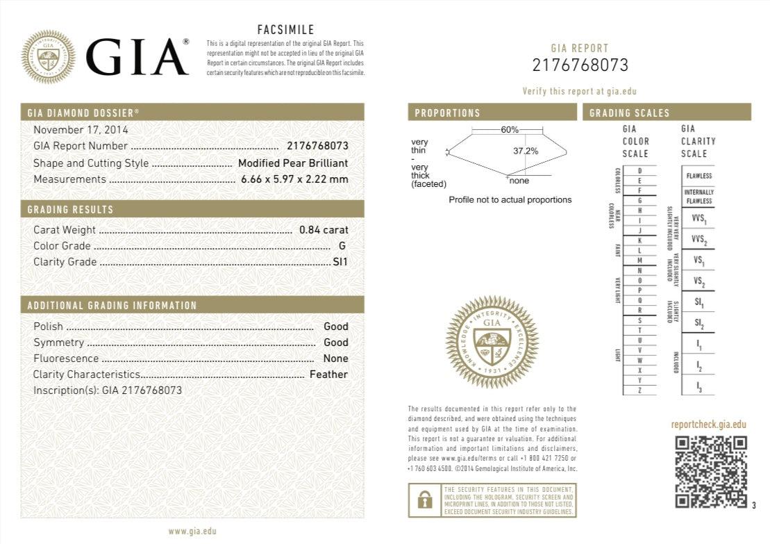Taglio brillante 0,84 carati di diamante a pera Brilliante certificato G Color Si1 Clarity in vendita