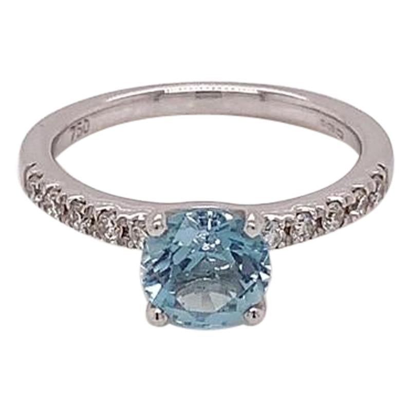 0.84 Carat Round Brilliant Aquamarine and Diamond Ring in 18K White Gold For Sale