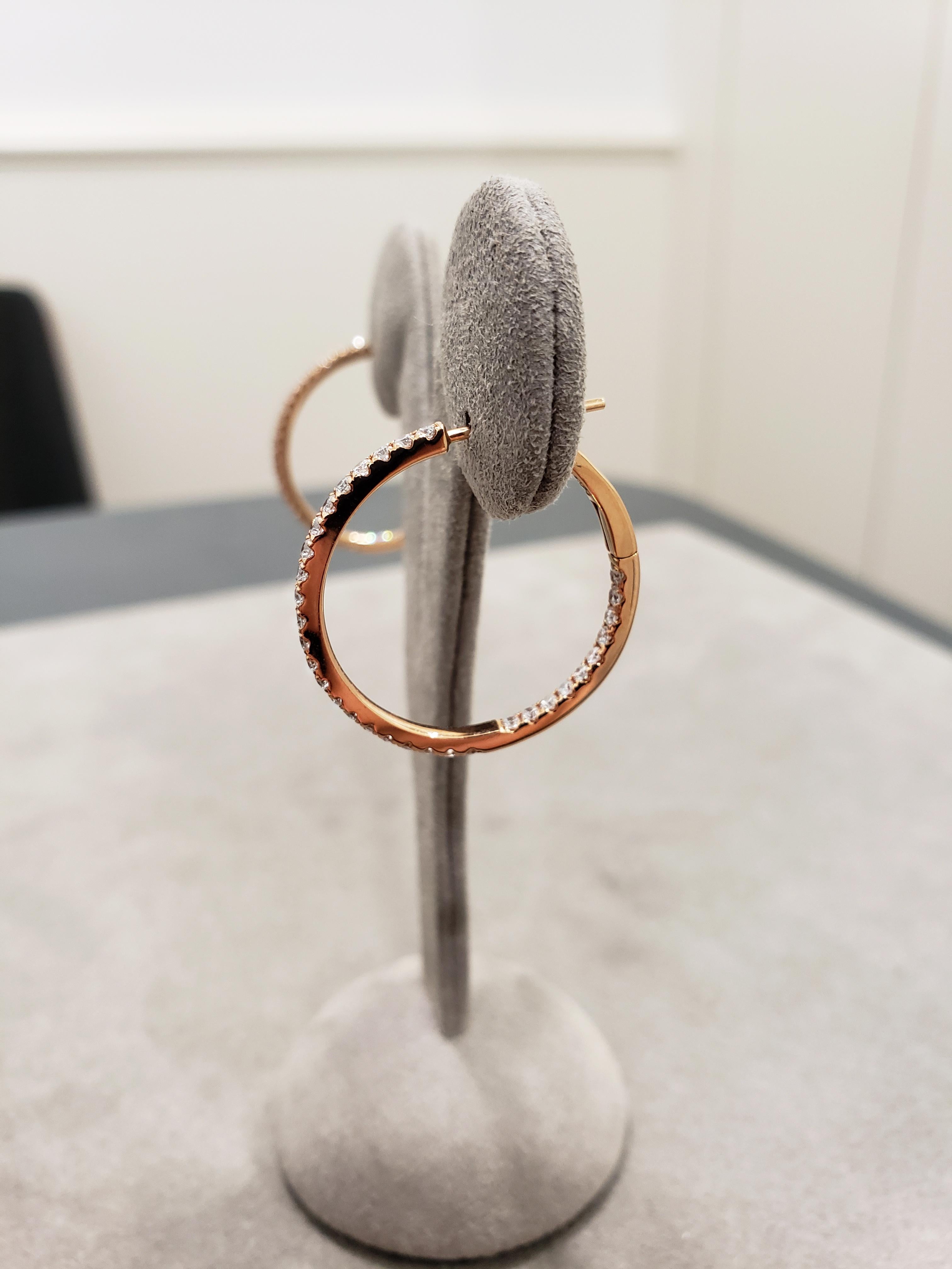 Round Cut Roman Malakov 0.84 Carat Total Round Diamond Hoop Earrings in Rose Gold