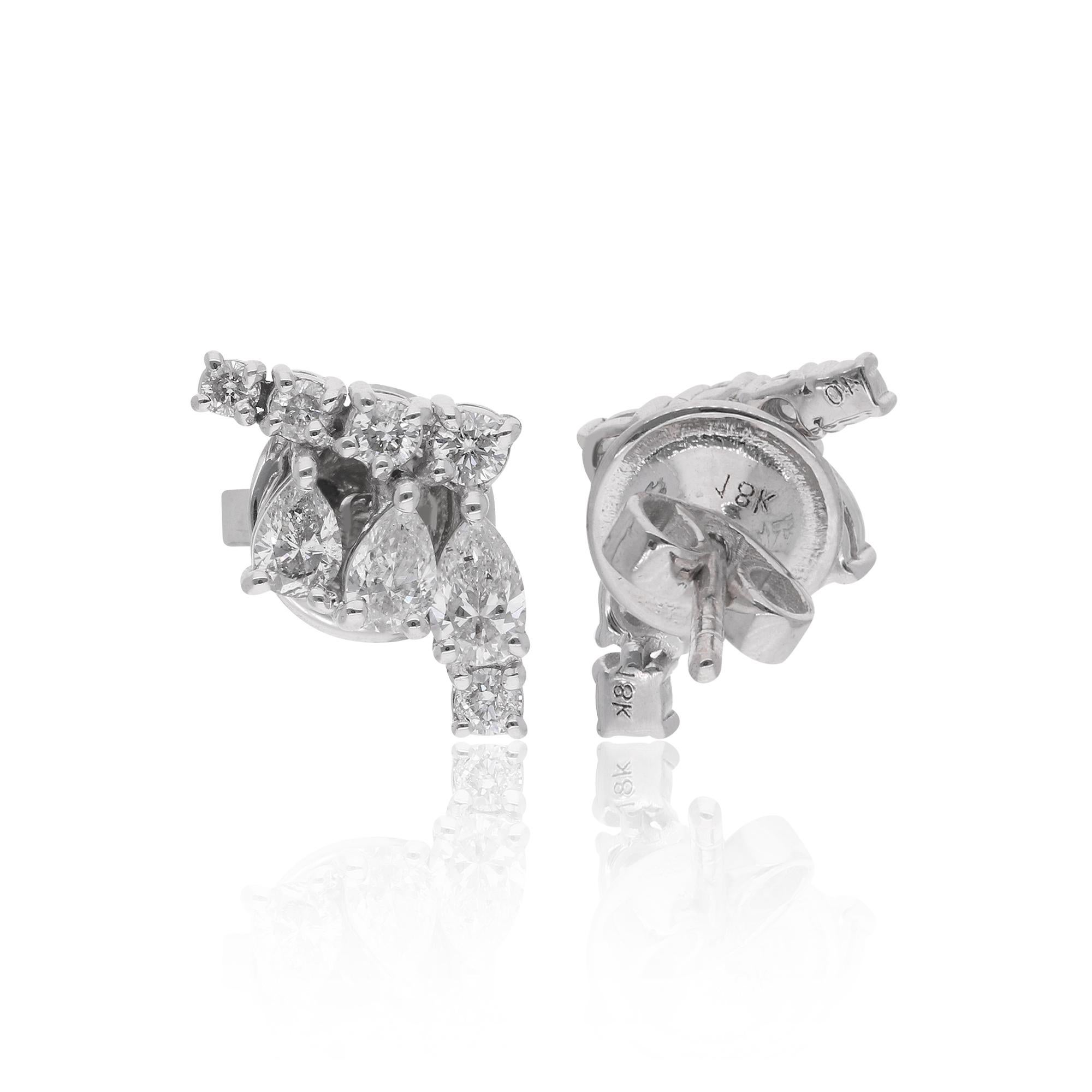 Step into a world of timeless elegance with these stunning round and pear-shaped diamond stud earrings, meticulously crafted in 14 karat white gold. Each earring boasts a mesmerizing combination of round and pear-shaped diamonds totaling 0.84
