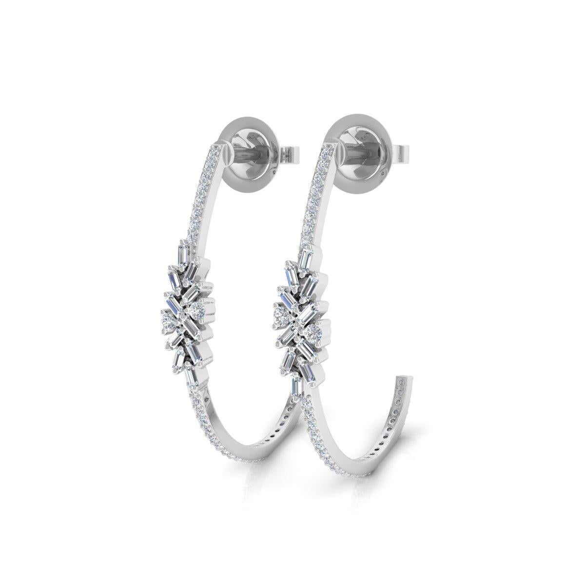 Modern 0.84 Carat SI/H Baguette Round Brilliant Cut Diamond Earrings 18k White Gold For Sale