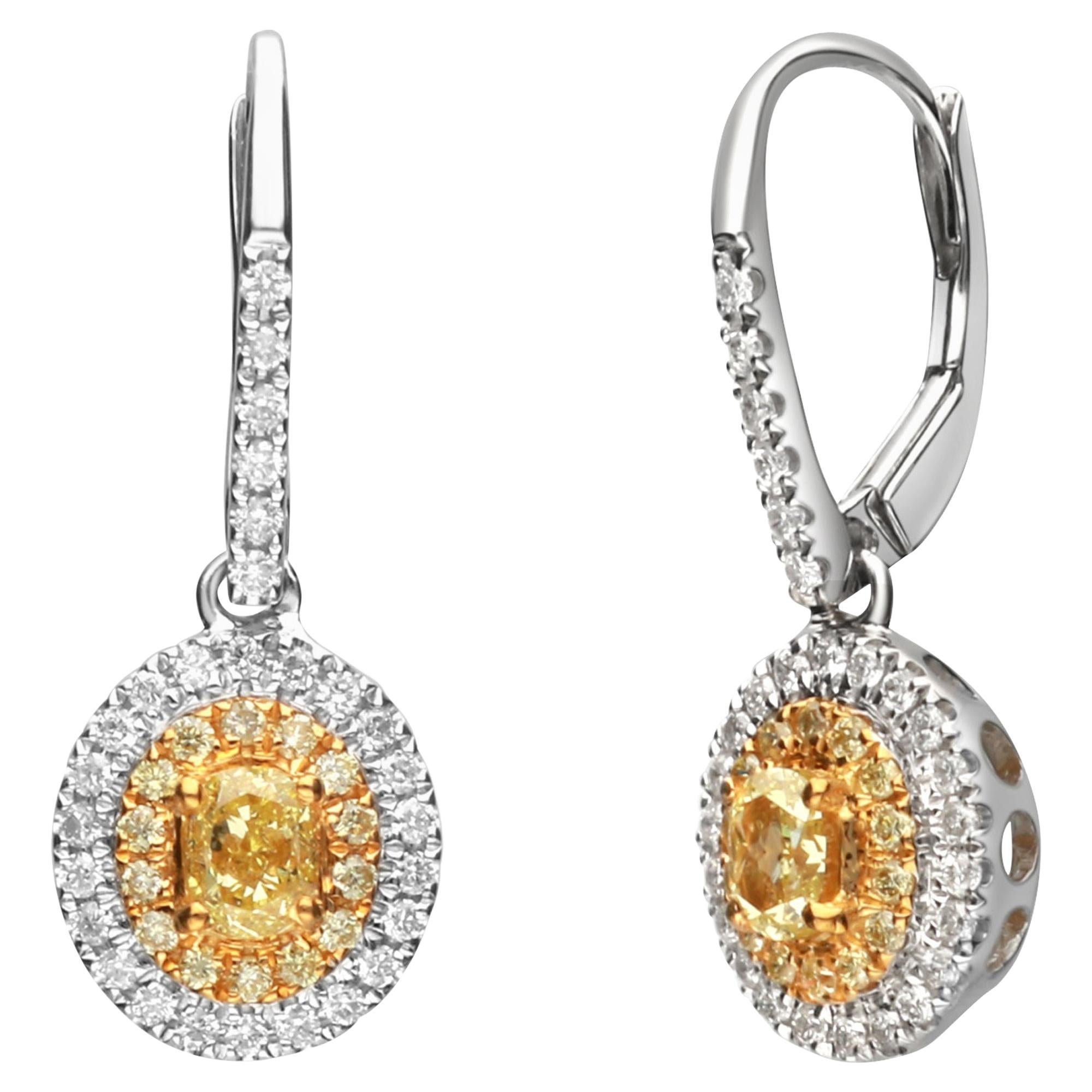 0.84 Carat T.W. Yellow Diamond 18 Karat Two-Tone Gold Earrings
