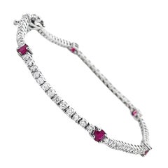 0.84 Ct Round Natural Ruby, 1.73 Ct Diamond Tennis Bracelet in 14K White Gold