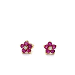 0.84 Total Carat Ruby and Diamond Flower Shaped Push Back Earrings in 14K Gold