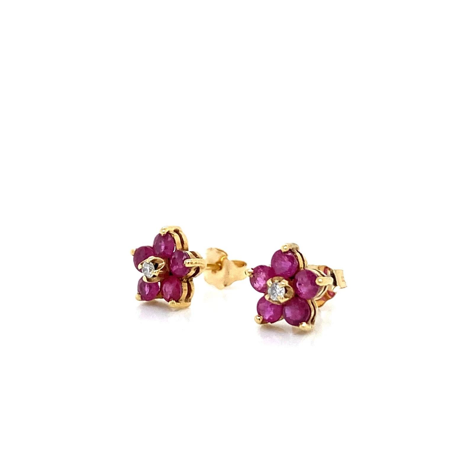 Round Cut 0.84 Total Carat Ruby and Diamond Flower Shaped Push Back Earrings in 14K Gold For Sale