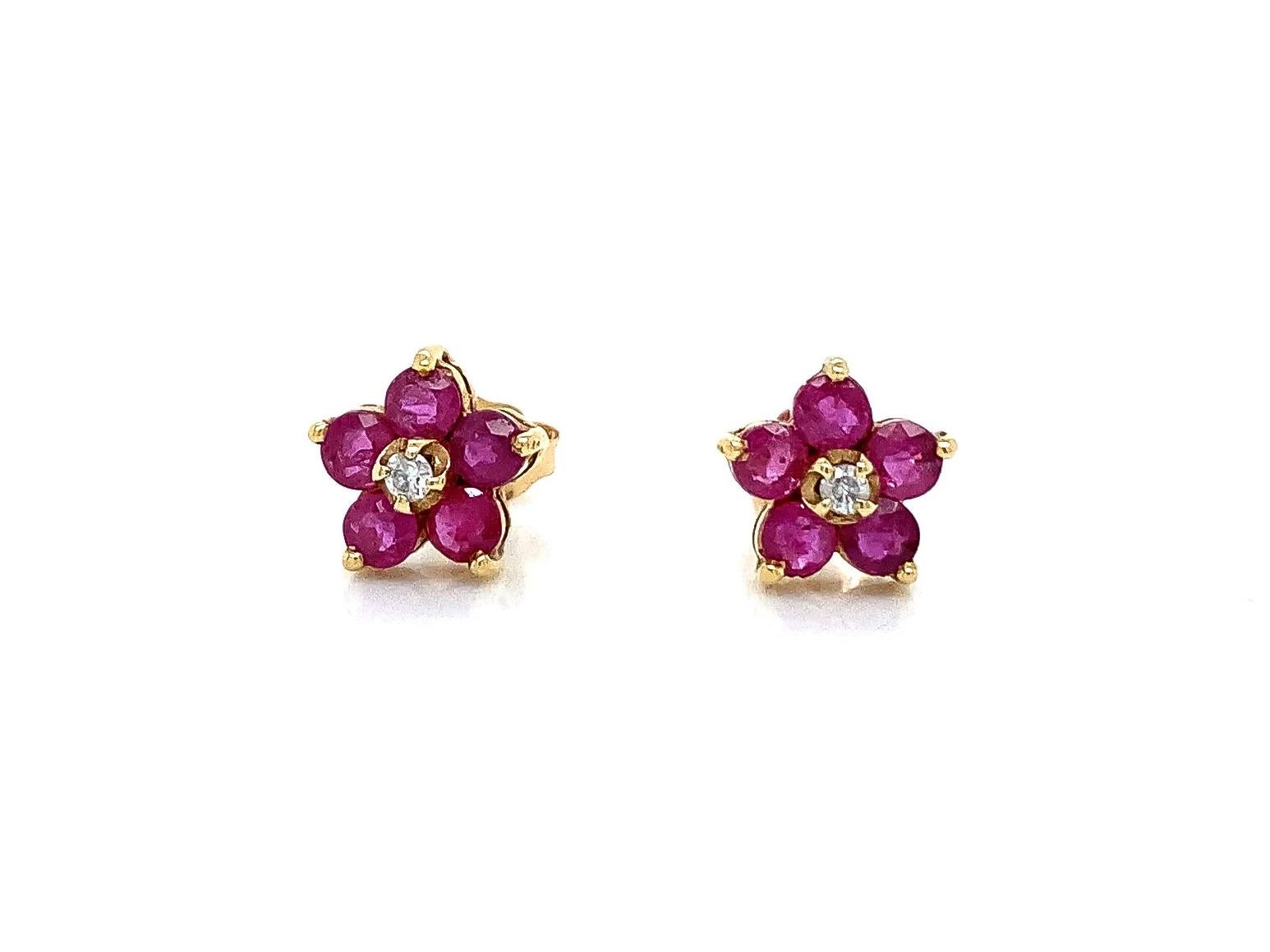 Women's 0.84 Total Carat Ruby and Diamond Flower Shaped Push Back Earrings in 14K Gold For Sale