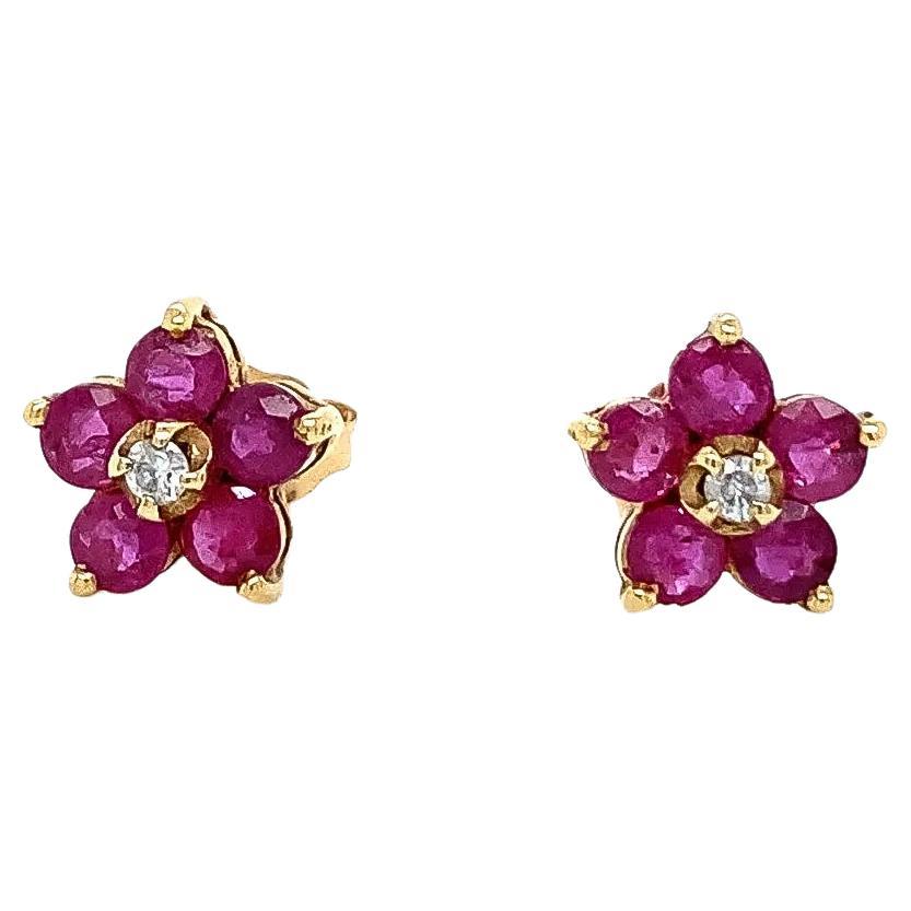 0.84 Total Carat Ruby and Diamond Flower Shaped Push Back Earrings in 14K Gold For Sale
