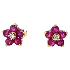 0.84 Total Carat Ruby and Diamond Flower Shaped Push Back Earrings in 14K Gold