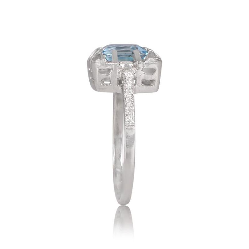 Art Deco 0.84ct Asscher Cut Aquamarine Engagement Ring, Diamond Floral Halo, Platinum For Sale