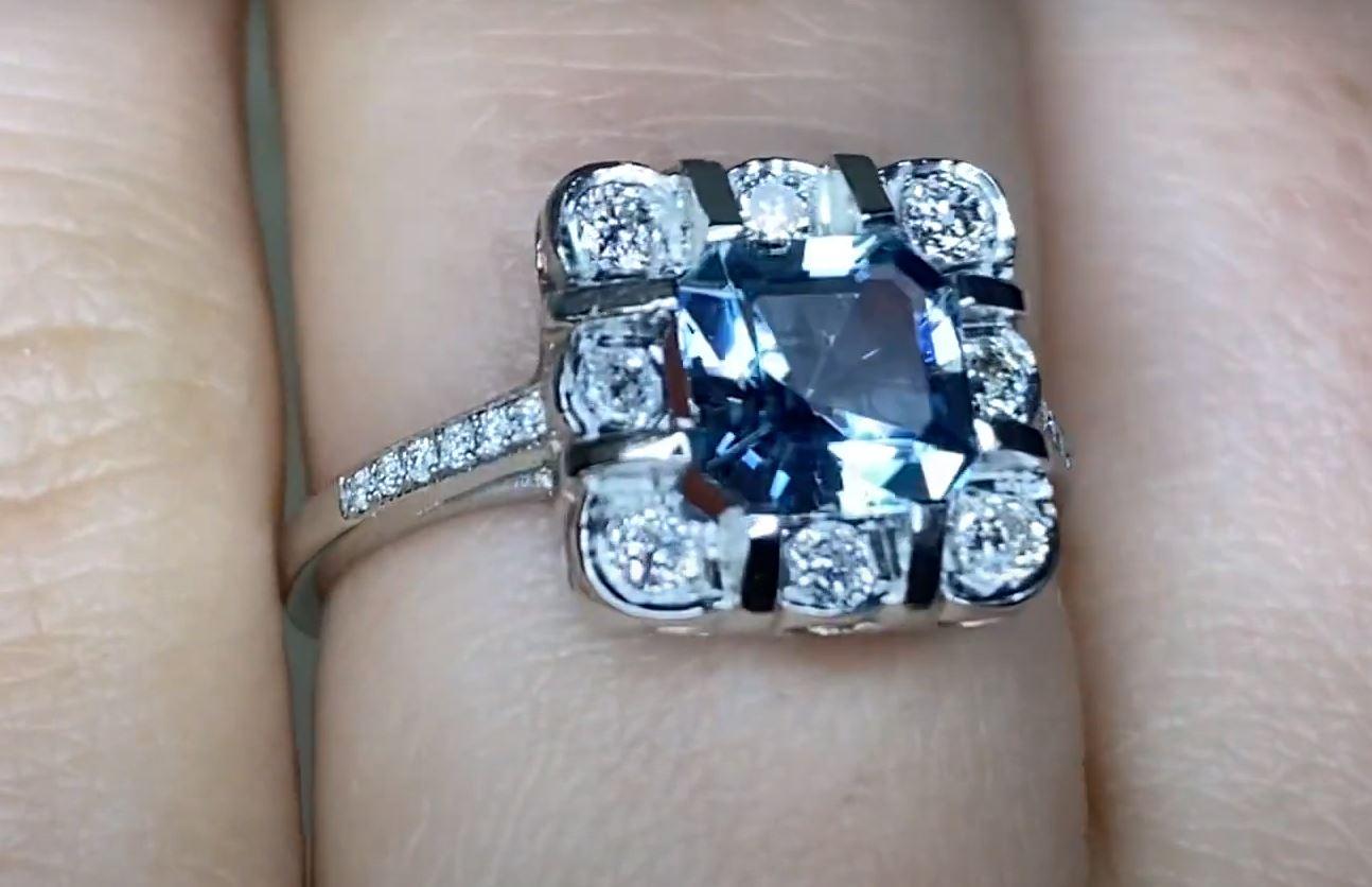 Women's 0.84ct Asscher Cut Aquamarine Engagement Ring, Diamond Floral Halo, Platinum For Sale