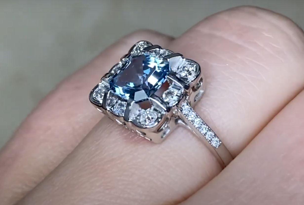 0.84ct Asscher Cut Aquamarine Engagement Ring, Diamond Floral Halo, Platinum For Sale 1