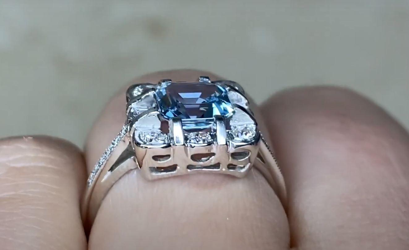 0.84ct Asscher Cut Aquamarine Engagement Ring, Diamond Floral Halo, Platinum For Sale 2