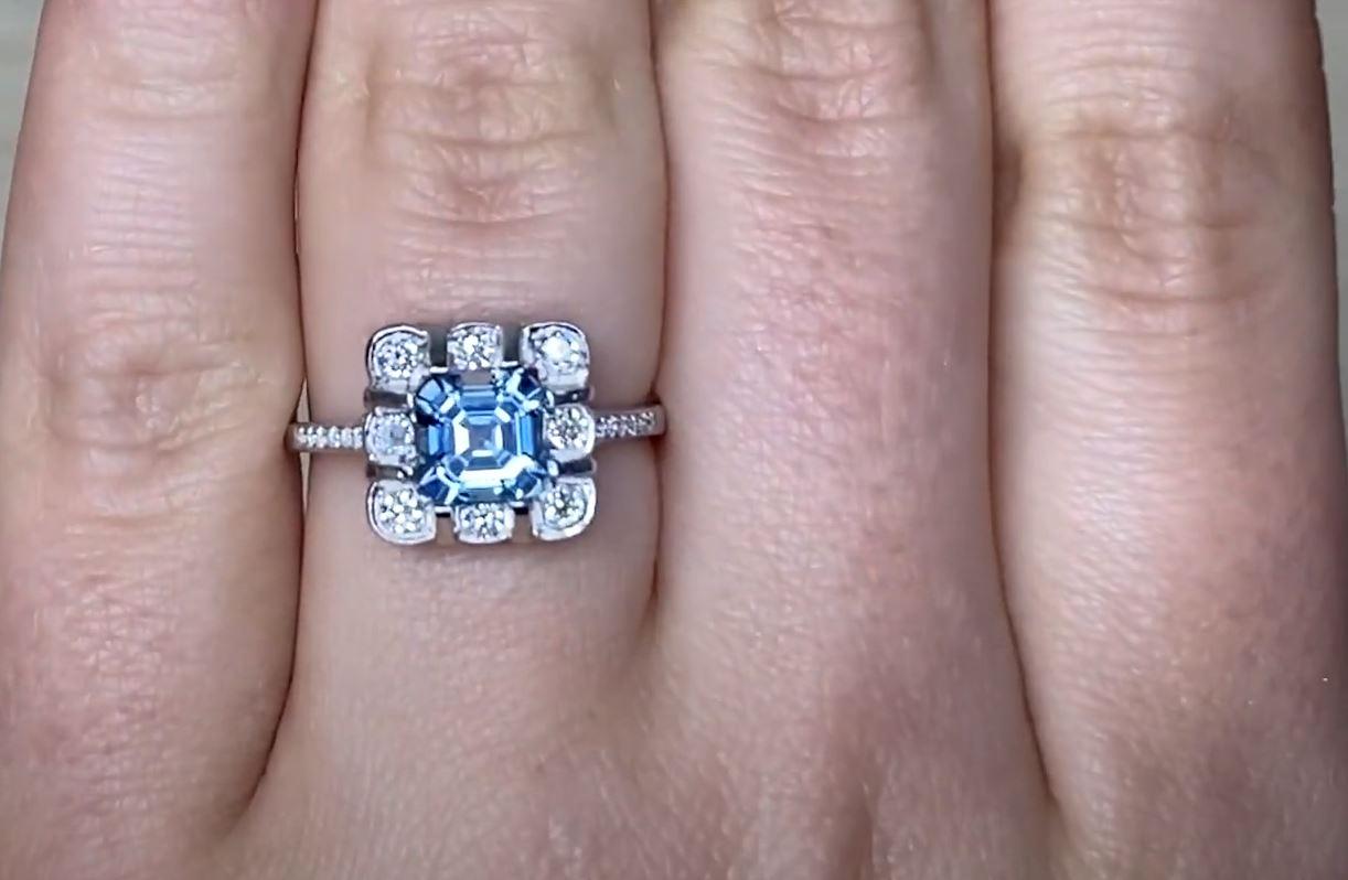 0.84ct Asscher Cut Aquamarine Engagement Ring, Diamond Floral Halo, Platinum For Sale 3