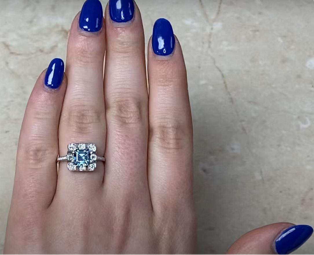 0.84ct Asscher Cut Aquamarine Engagement Ring, Diamond Floral Halo, Platinum For Sale 4