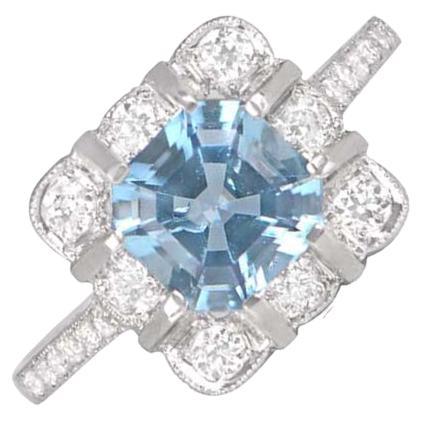 0.84ct Asscher Cut Aquamarine Engagement Ring, Diamond Floral Halo, Platinum