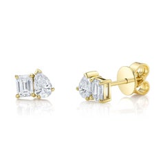 0.84ct Emerald Cut and Pear Shaped Diamond Toi Et Moi Stud Earrings