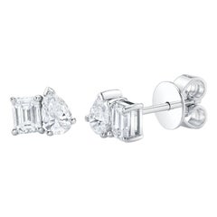 0.84ct Emerald Cut and Pear Shaped Diamond Toi Et Moi Stud Earrings