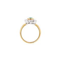 0.84ct Oval Emerald and Diamond Halo 18K Yellow and White Gold Cluster Ring