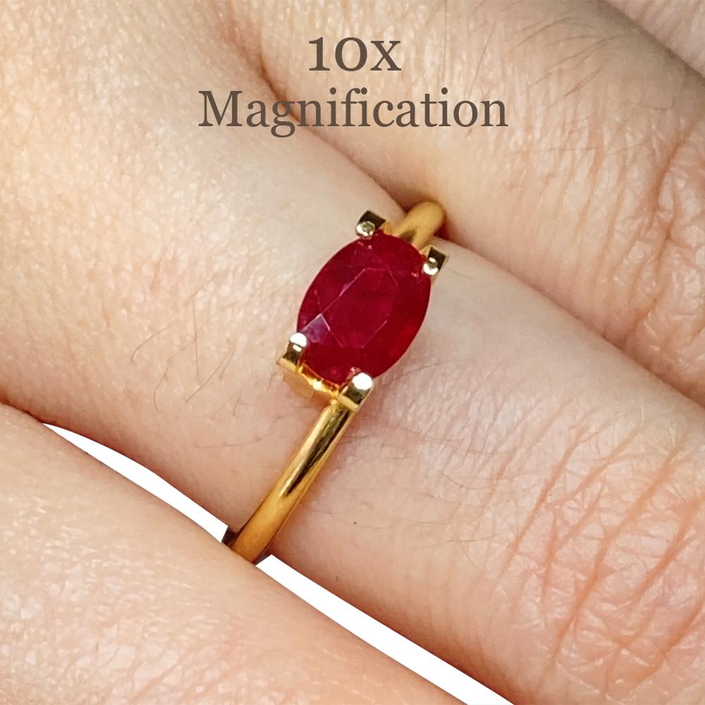 Description:

Gem Type: Ruby
Number of Stones: 1
Weight: 0.84 cts
Measurements: 6.96 x 5.02 x 2.66 mm
Shape: Oval
Cutting Style Crown: Brilliant Cut
Cutting Style Pavilion: Step Cut
Transparency: Transparent
Clarity: Moderately Included: Inclusions