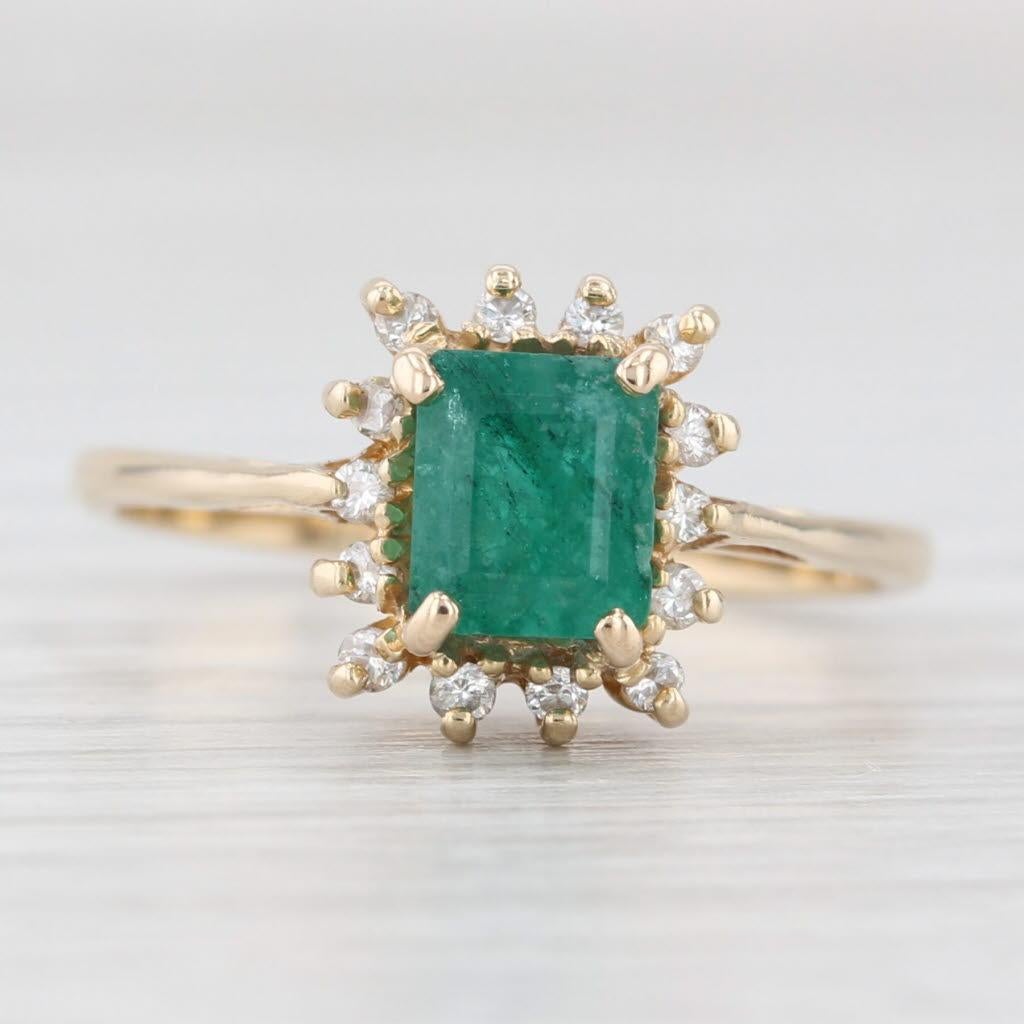 0.84ctw Emerald Diamond Halo Ring 14k Yellow Gold Size 6.5 Cathedral Band In Good Condition For Sale In McLeansville, NC