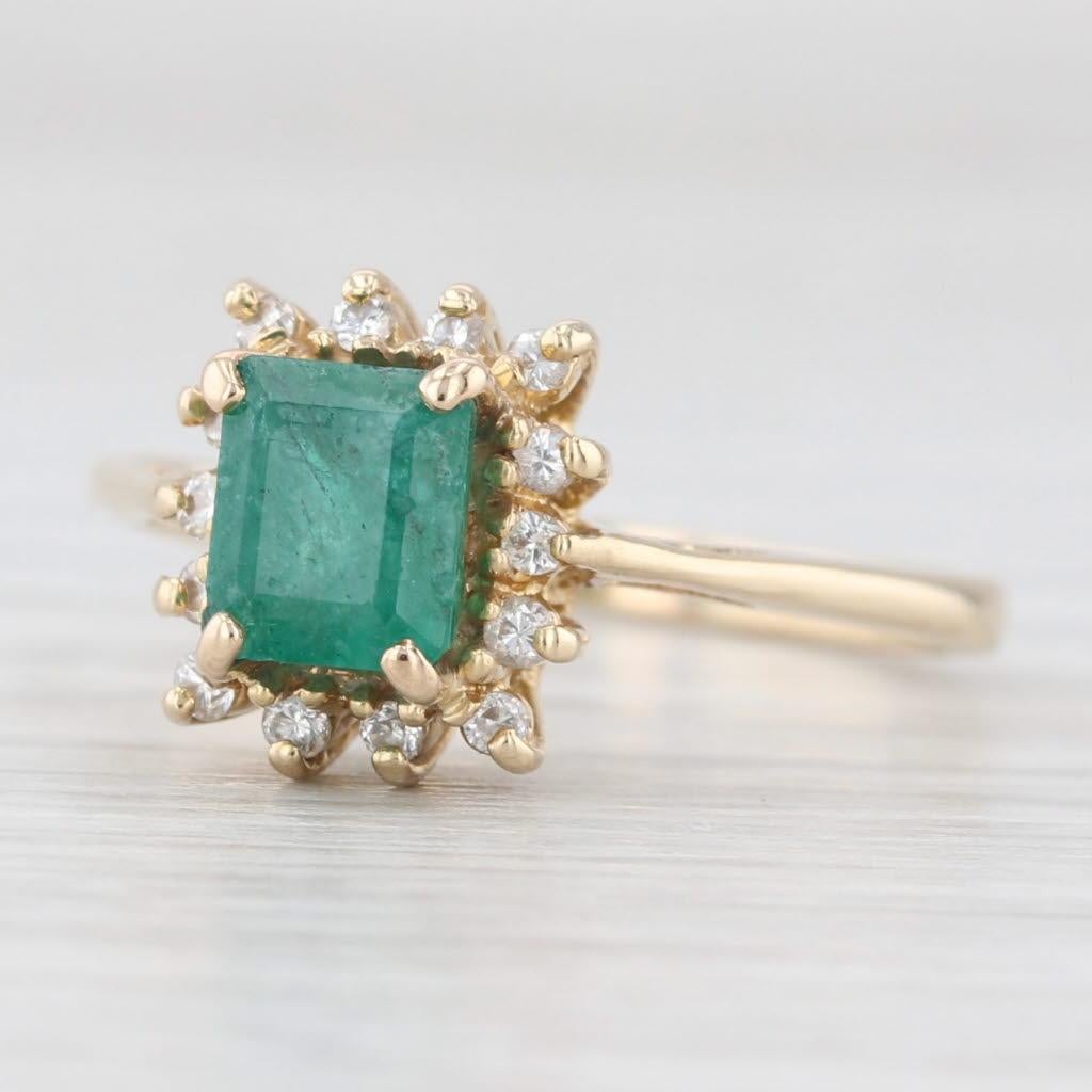 0.84ctw Emerald Diamond Halo Ring 14k Yellow Gold Size 6.5 Cathedral Band For Sale 1