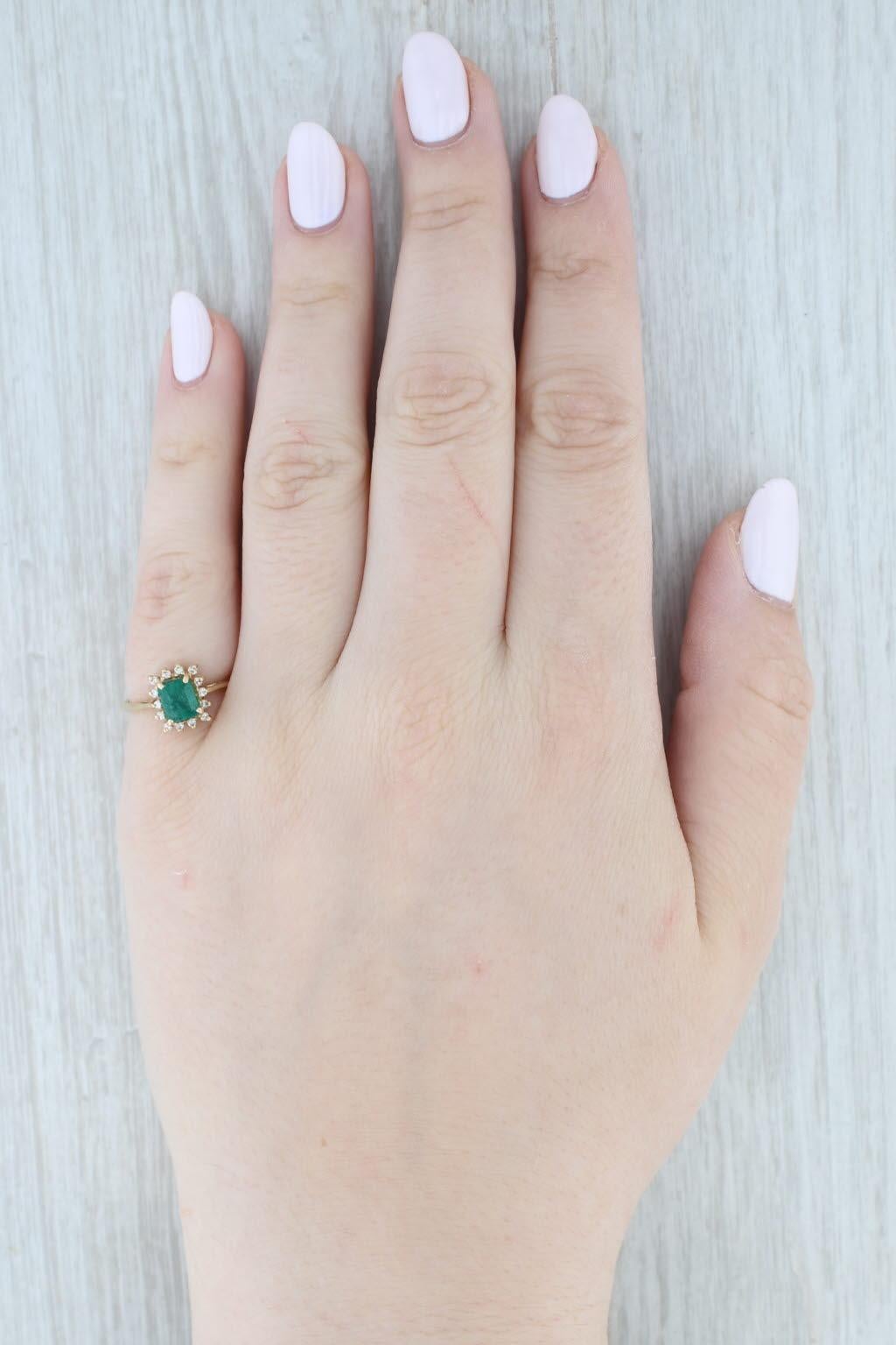 0.84ctw Emerald Diamond Halo Ring 14k Yellow Gold Size 6.5 Cathedral Band For Sale 4