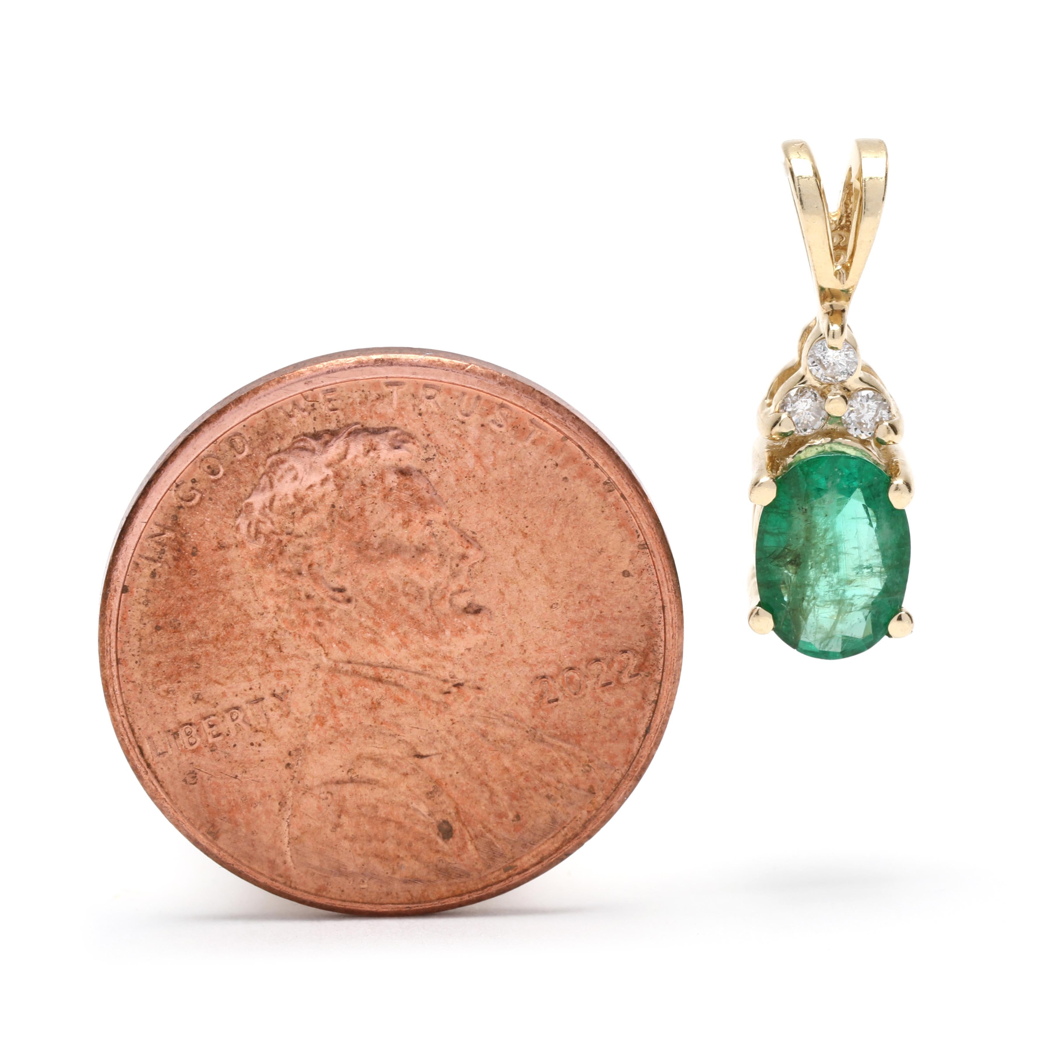 This 0.84ctw Emerald Diamond Pendant is the perfect way to add a touch of sparkle to your look. Crafted from 14K Yellow Gold, this piece features a classic design that is timeless and feminine. The pendant measures 5/8 inch in length and features a