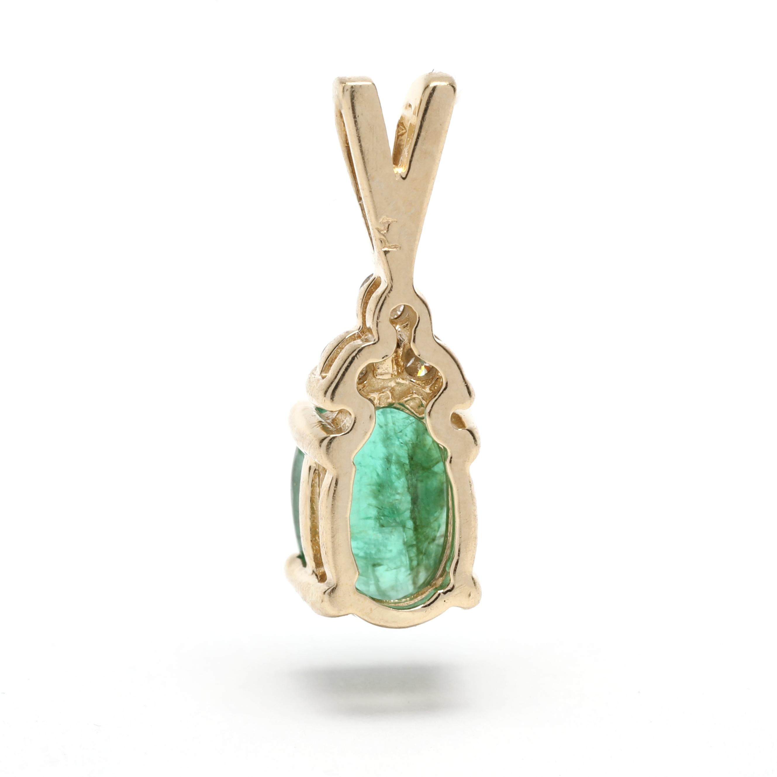 Oval Cut 0.84ctw Emerald Diamond Pendant, 14K YellowGold, Length 5/8 Inch, Simple Emerald