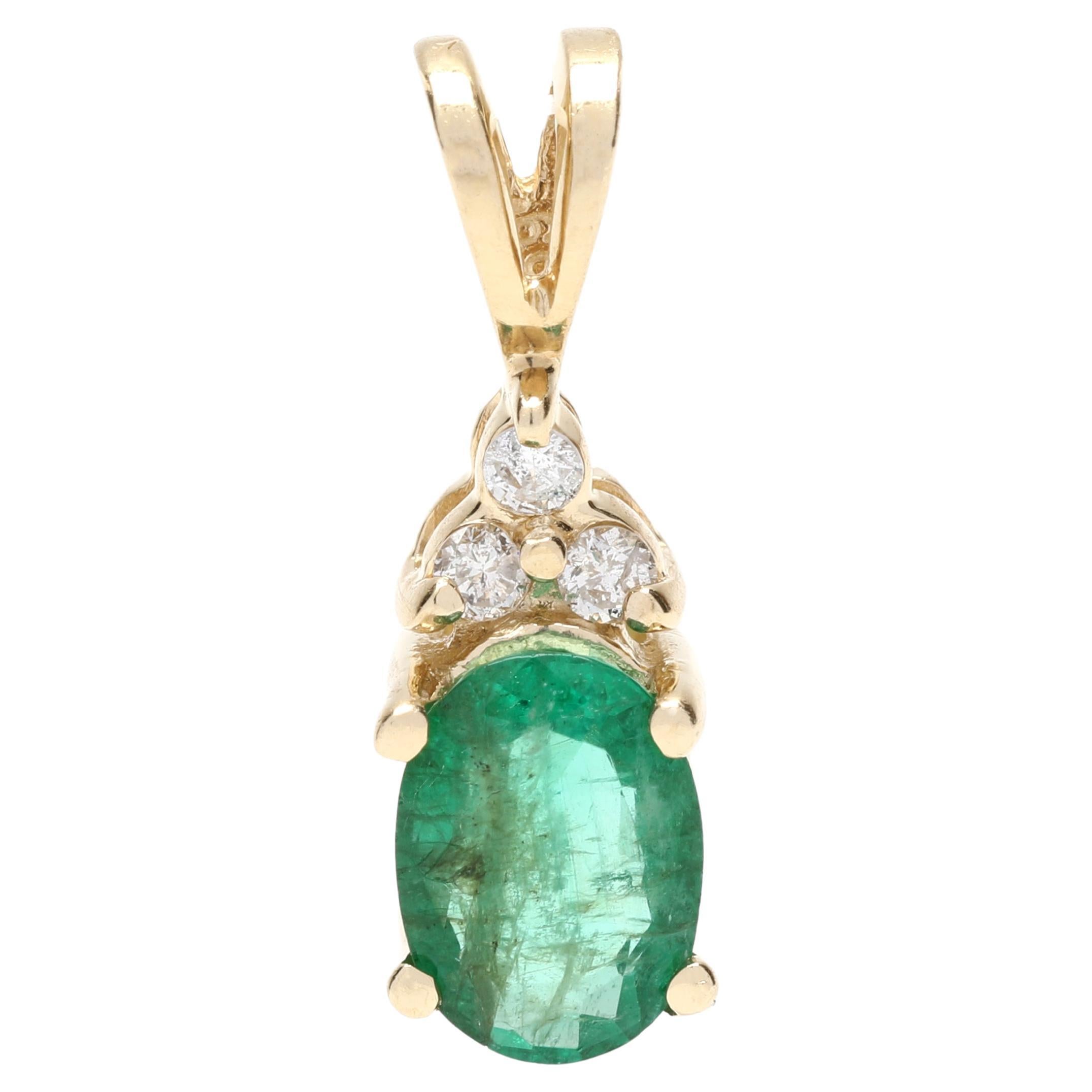 0.84ctw Emerald Diamond Pendant, 14K YellowGold, Length 5/8 Inch, Simple Emerald
