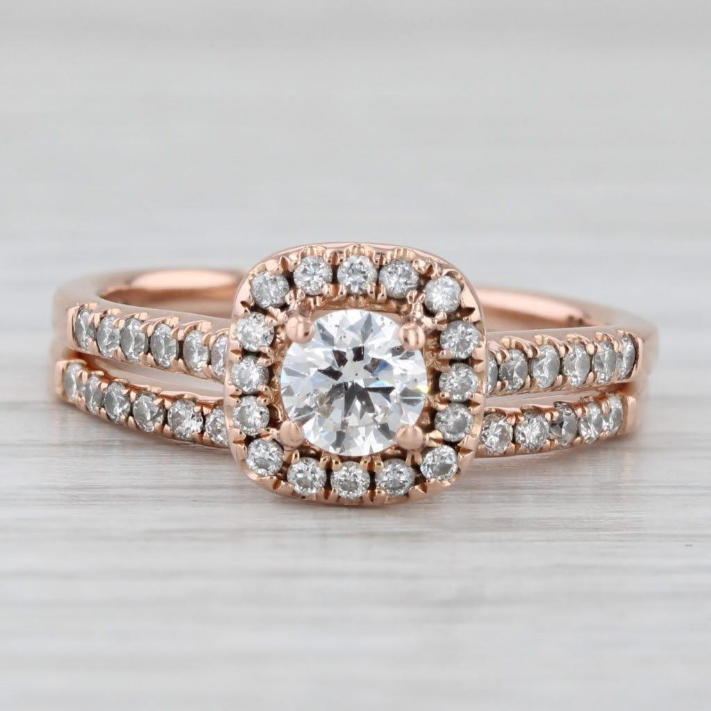 0.84ctw Round Diamond Engagement Ring Wedding Band Bridal Set 14k Rose Gold Sz 7 In Good Condition For Sale In McLeansville, NC