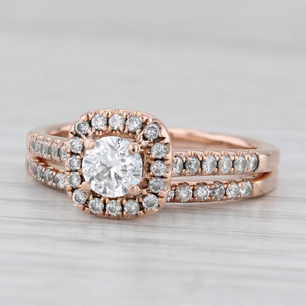 0.84ctw Round Diamond Engagement Ring Wedding Band Bridal Set 14k Rose Gold Sz 7 For Sale 2