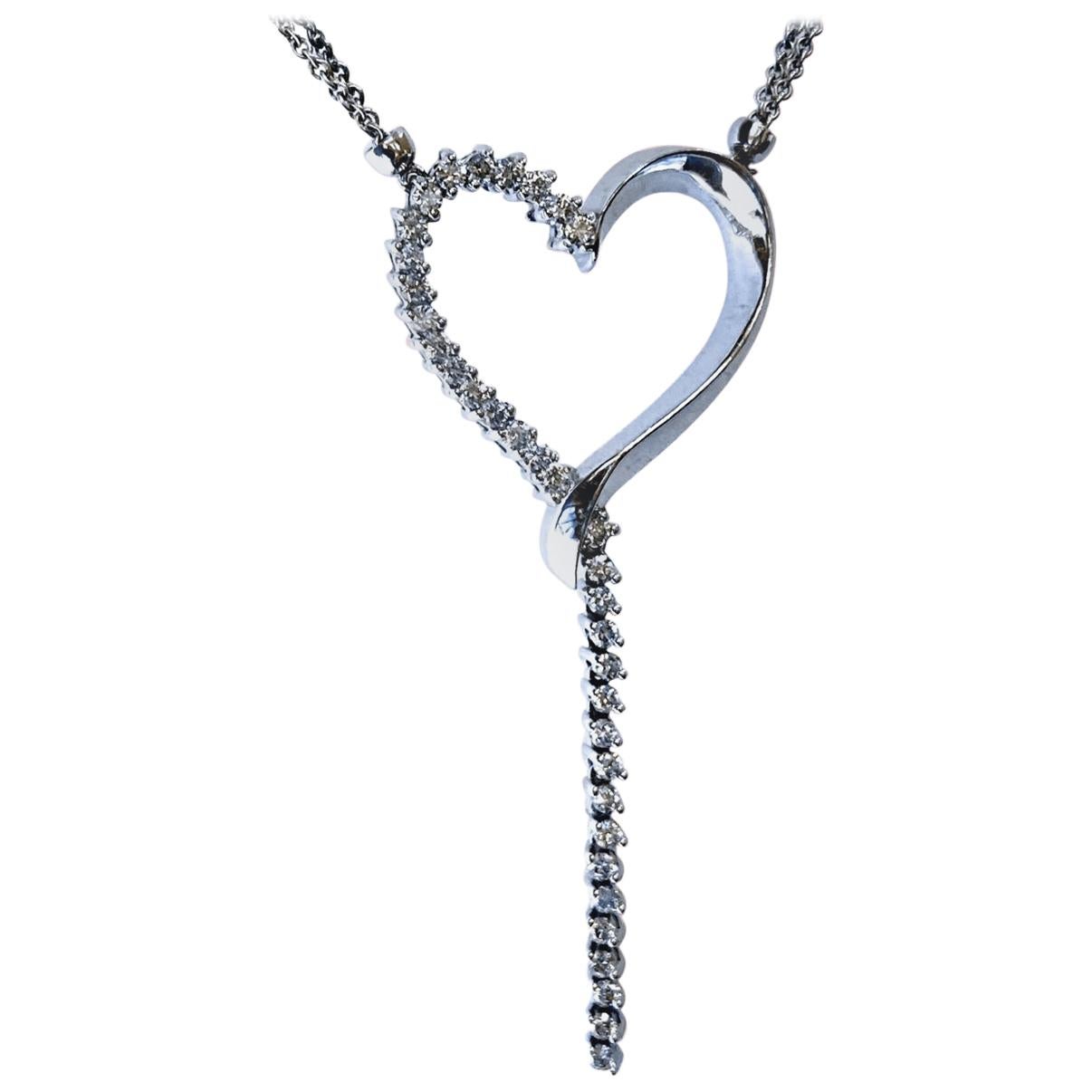 0.85 Carat 14 Karat Pave Set Diamond Heart Necklace For Sale