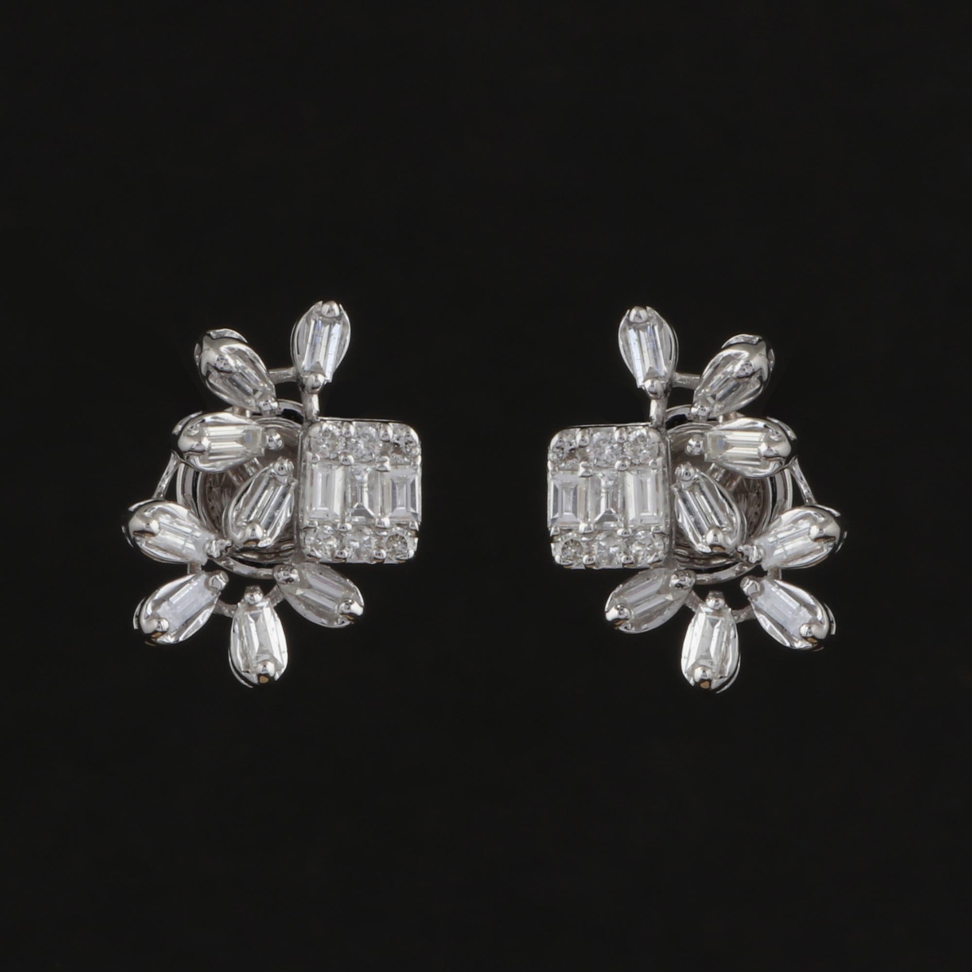 Baguette Cut 0.85 Carat Baguette Diamond Stud Earrings 18 Karat White Gold Handmade Jewelry For Sale
