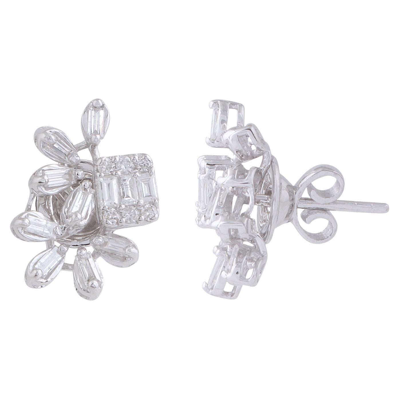 0.85 Carat Baguette Diamond Stud Earrings 18 Karat White Gold Handmade Jewelry For Sale