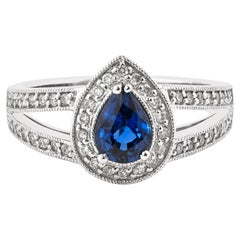 0,85 Karat blauer Saphir und weißer Diamant Ring aus 14 Karat Weißgold