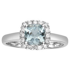 0.85 Carat Cushion Cut Aquamarine Diamond Accents 10K White Gold Wedding Ring
